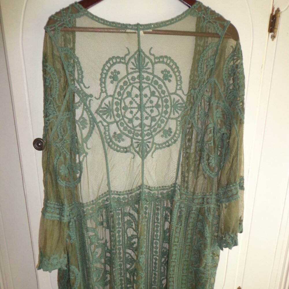 NWOT Indigo Thread Co. Sheer Embroidery Boho Open Duster XS Green  Long Sleeves - Picture 7 of 16